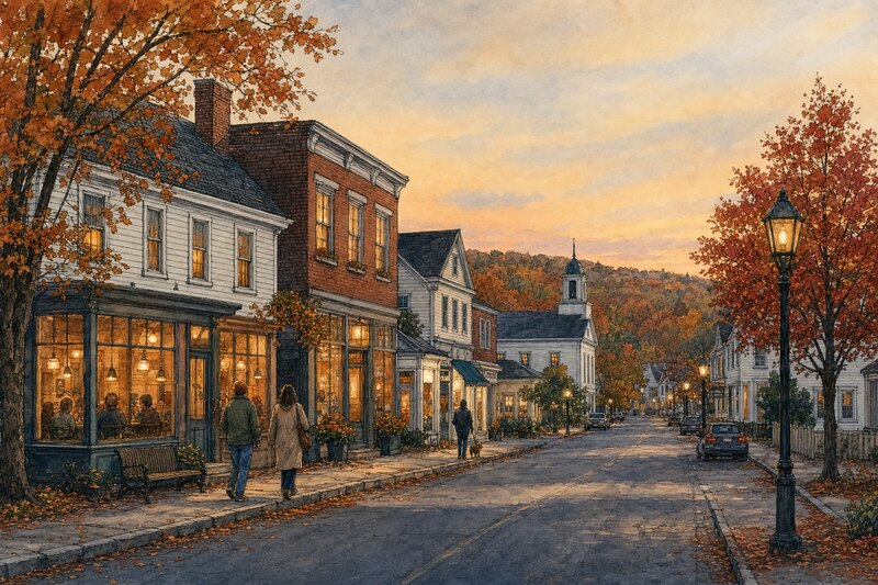 Contextual ink watercolor of village storefronts on an autumn evening