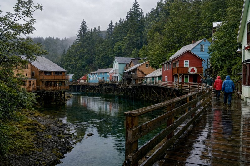 Creek Street boardwalk after rain