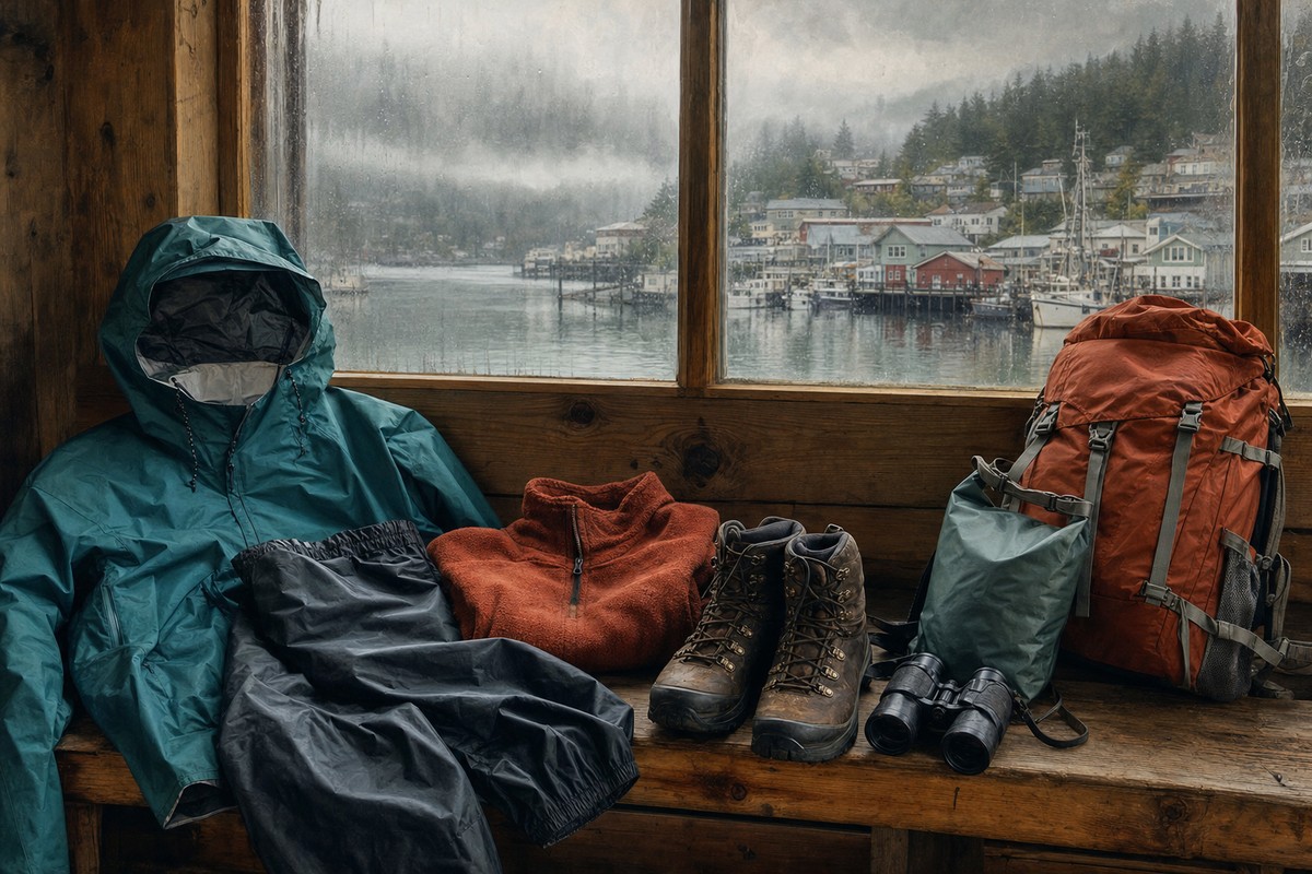 Waterproof layers, binoculars, and dry bag prepared for a Ketchikan excursion