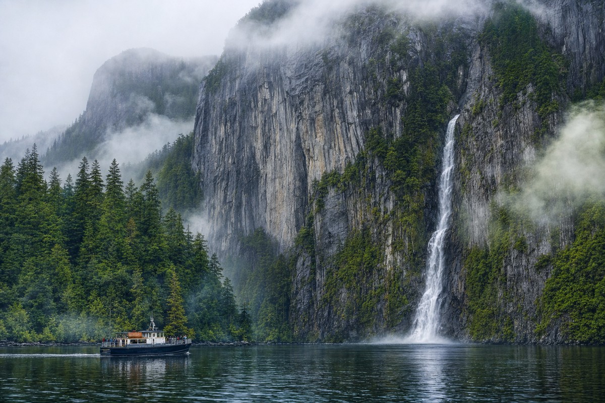 Excursion vessel beneath a waterfall and granite wall in Misty Fjords
