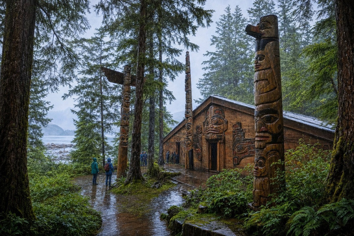 Coastal rainforest and carved cedar at Totem Bight State Historical Park