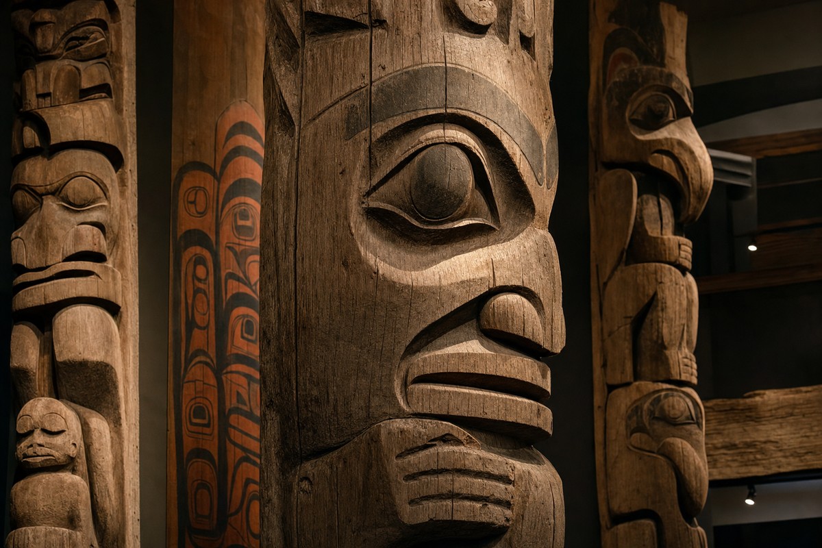 Historic carved cedar detail in the Totem Heritage Center