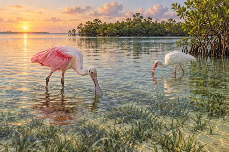 Wading bird and mangrove shoreline in Florida Bay habitat