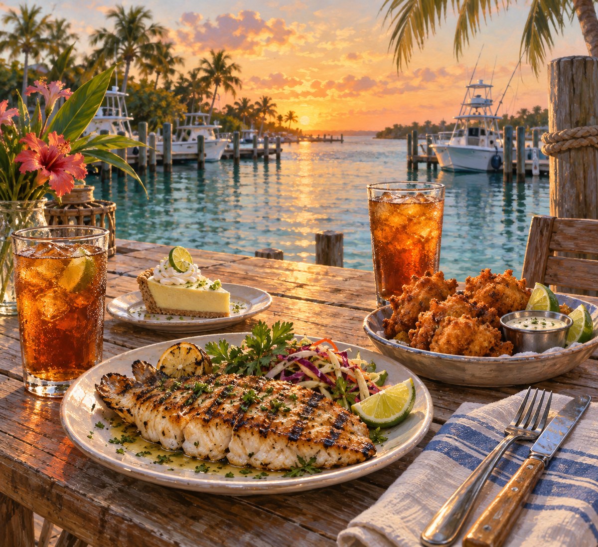 Illustrated dockside seafood meal beside Key Largo water