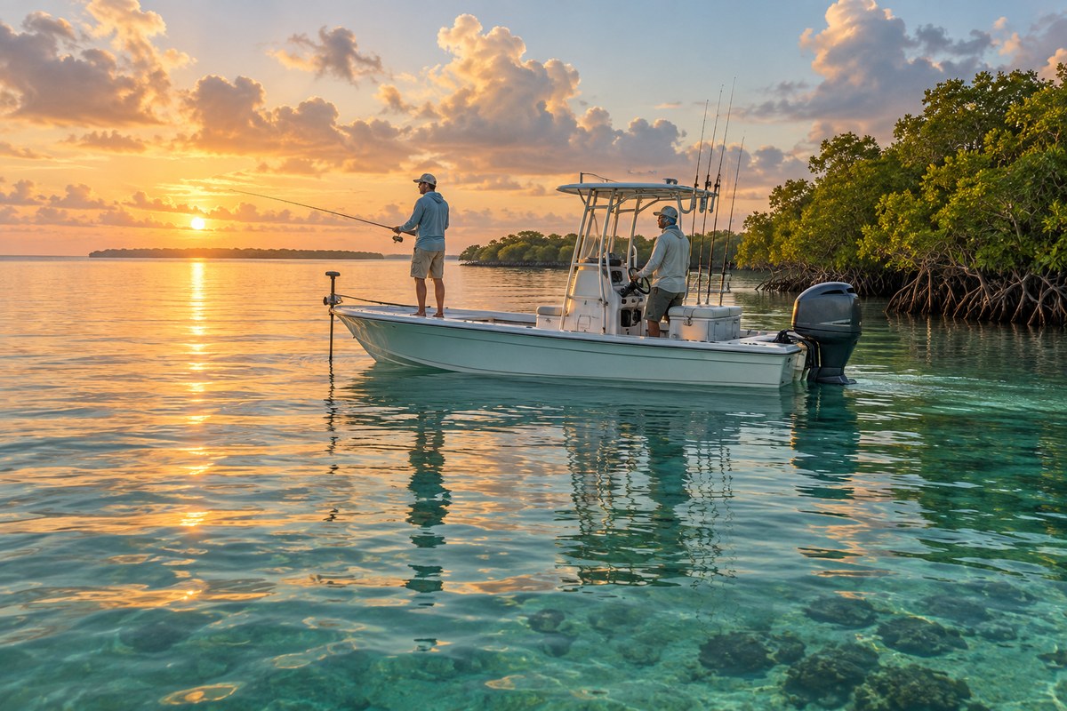 Fishing boat leaving a Key Largo marina in the morning