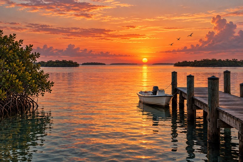 Shallow Florida Bay water and mangrove silhouettes near sunset