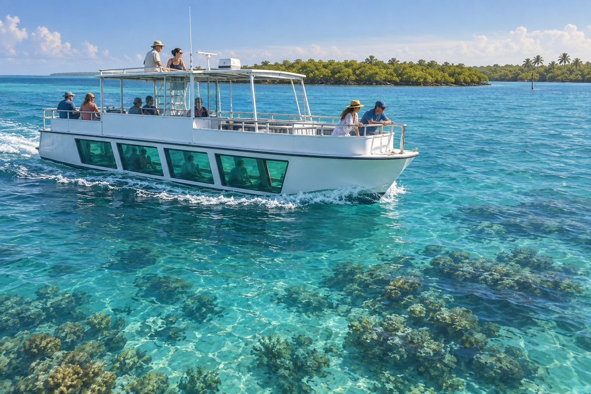 Glass-bottom boat crossing clear water near Key Largo