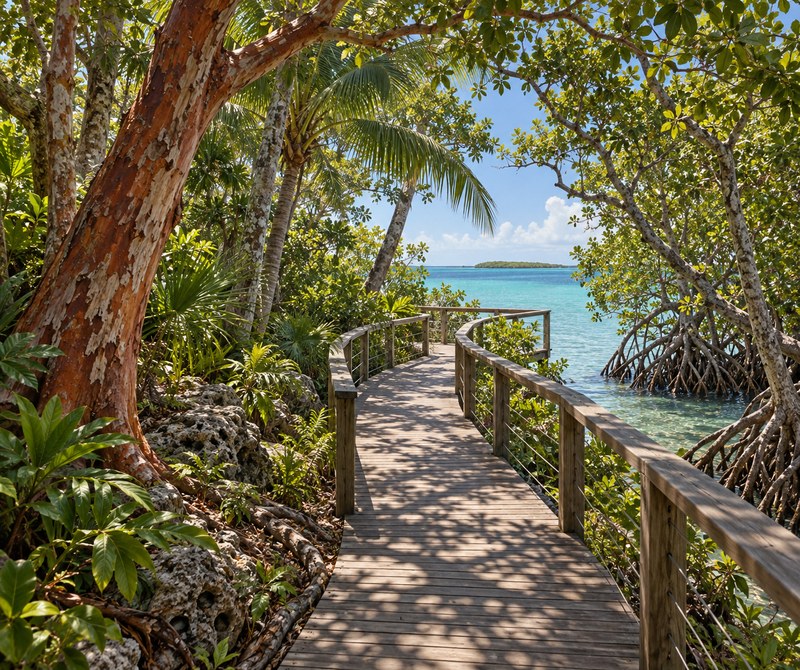 Shaded hardwood hammock boardwalk in Key Largo