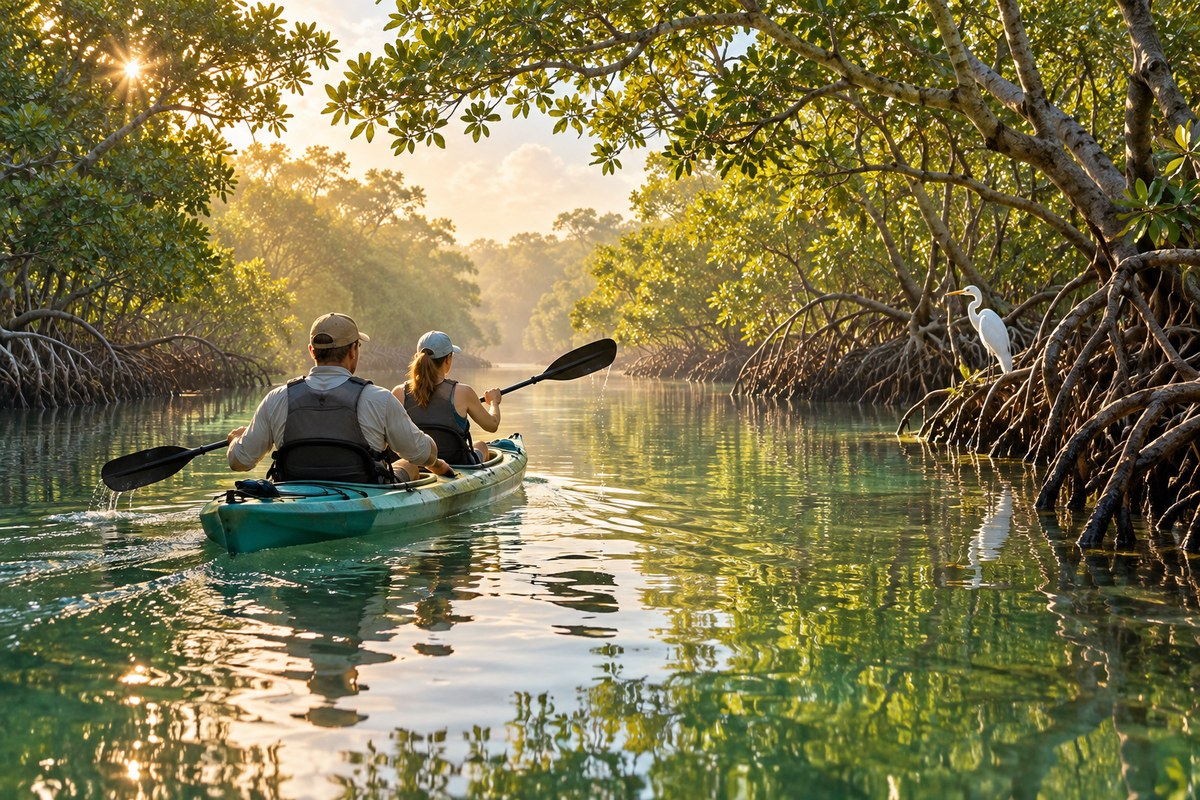 Paddler following a shallow mangrove edge near Key Largo