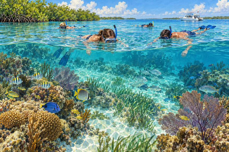 Snorkelers above coral and tropical fish off Key Largo