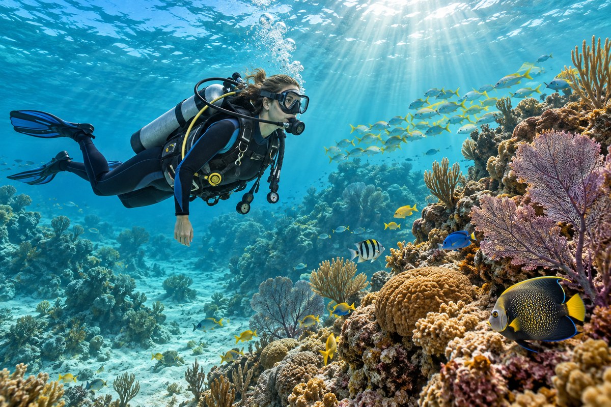 Divers moving carefully above Key Largo coral reef habitat