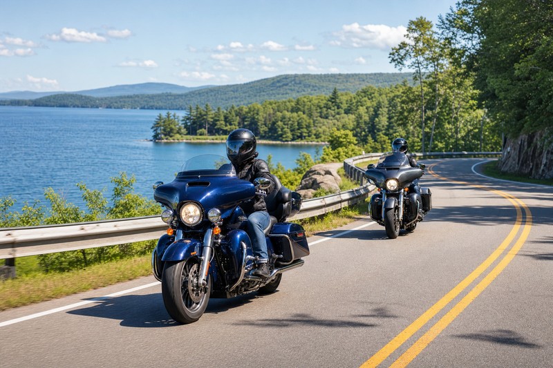 Contextual motorcycle ride beside a New Hampshire lake
