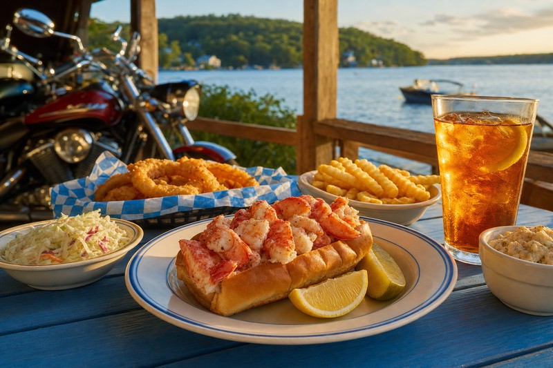 Contextual New England lakeside lunch in the Laconia area