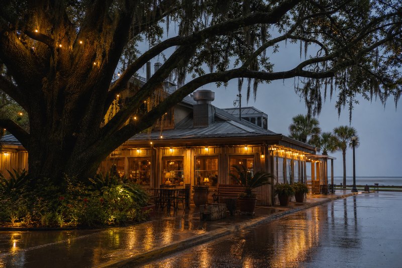 Rainy seafood restaurant evening in Lake Charles Louisiana