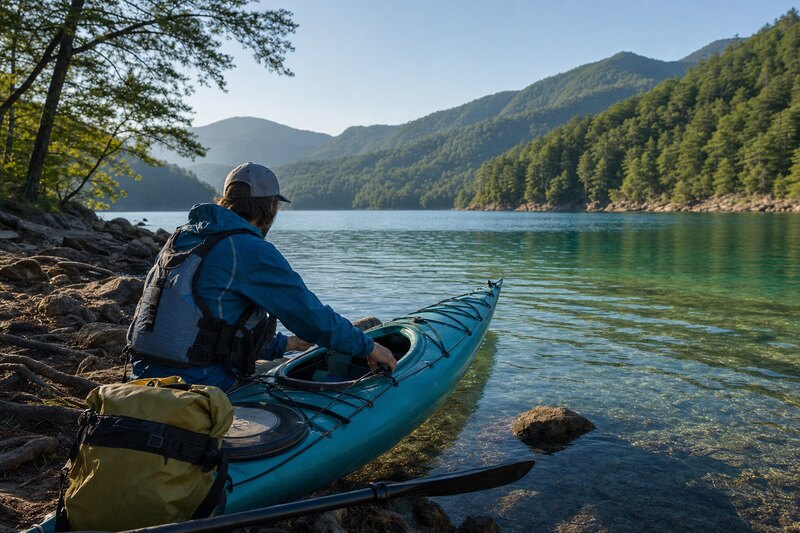 Paddlers preparing a kayak, PFD, and dry bag beside a mountain lake