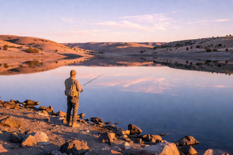 Lake Mead shoreline fishing setup in evening light