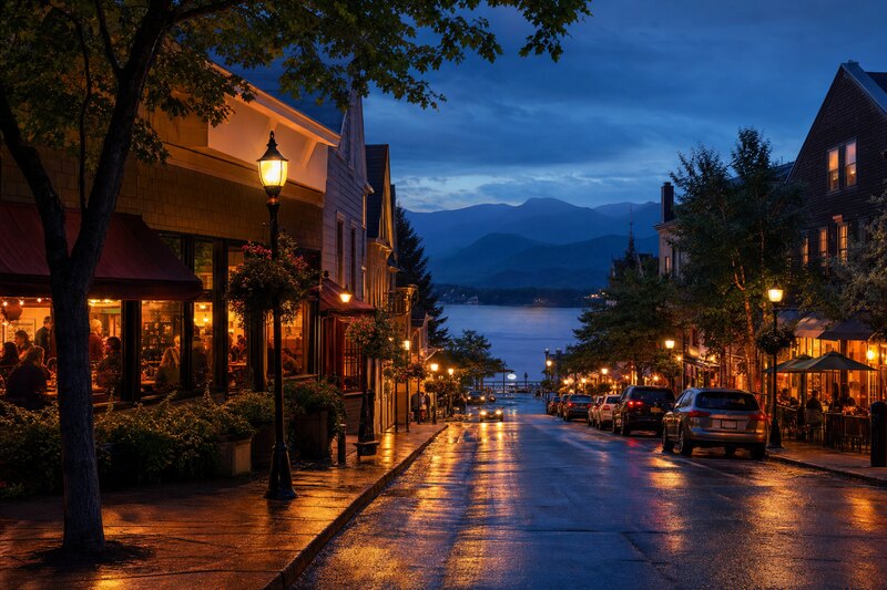 Contextual Lake Placid Main Street dining scene at blue hour