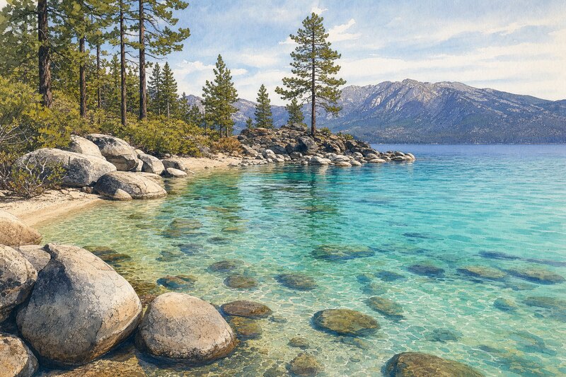 Granite boulders and clear water along the Sand Harbor shoreline