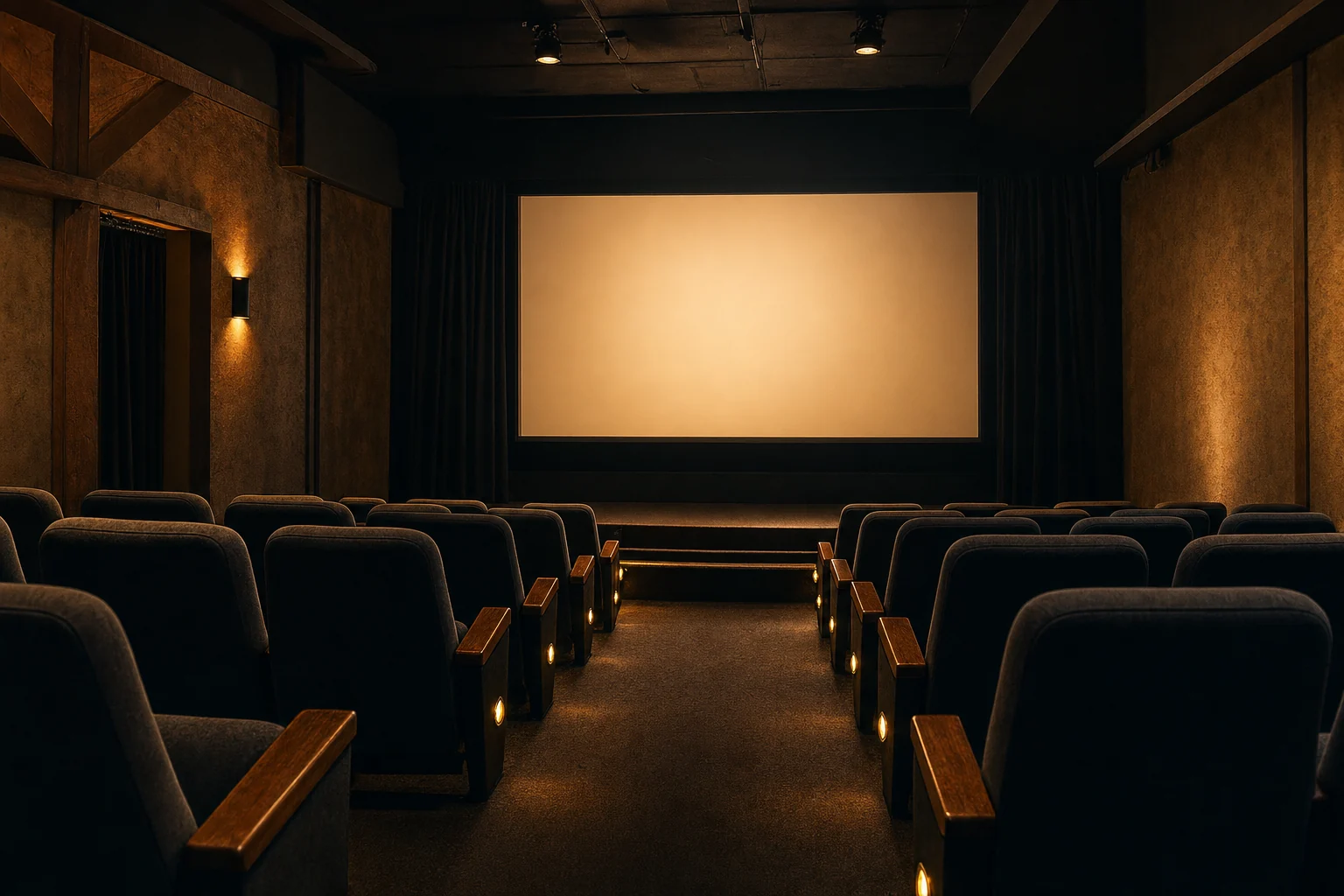 Warmly lit independent cinema screening room