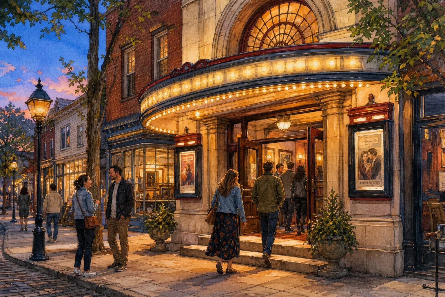Warmly lit independent cinema screening room