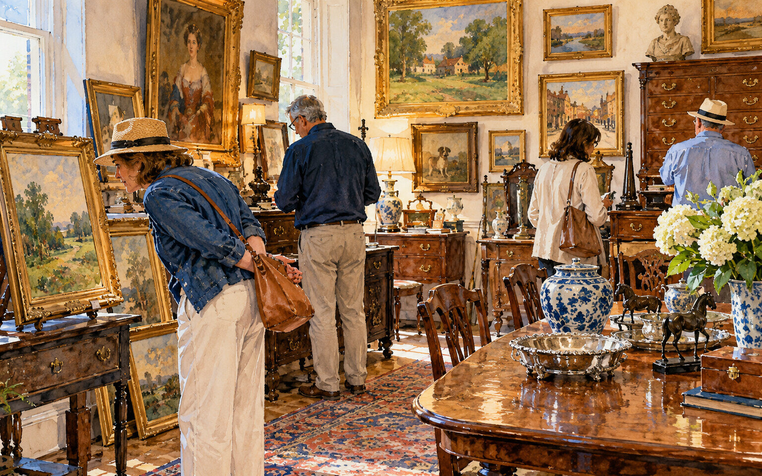 Illustration of shoppers among framed art and antique furniture