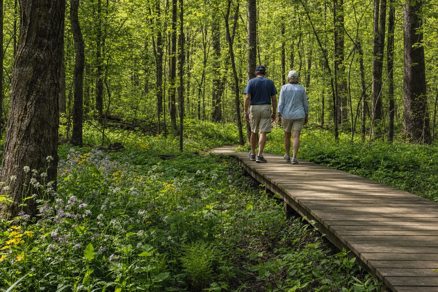 Woodland boardwalk through spring wildflowers near Bowman’s Hill