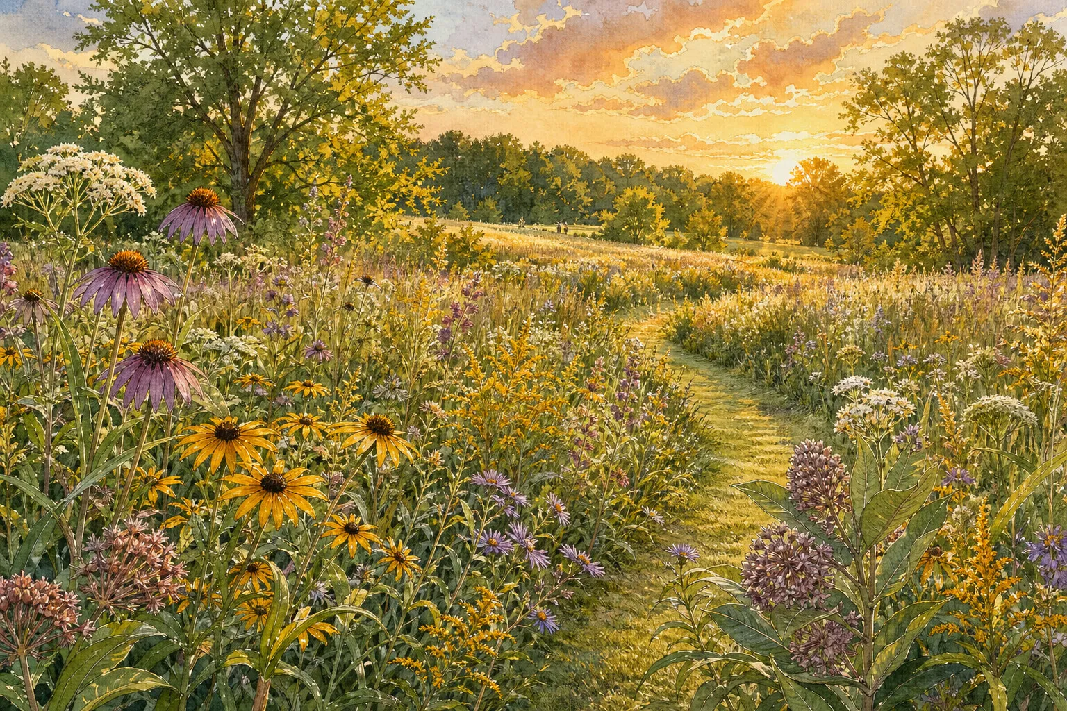 Woodland boardwalk through spring wildflowers near Bowman’s Hill