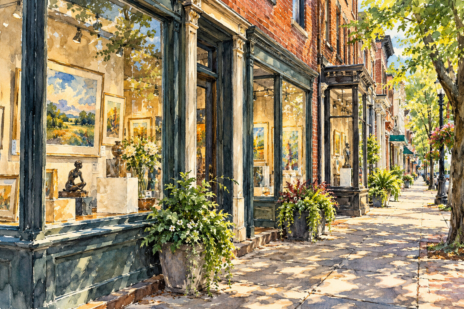 Illustration of a leafy street with art-filled shop windows