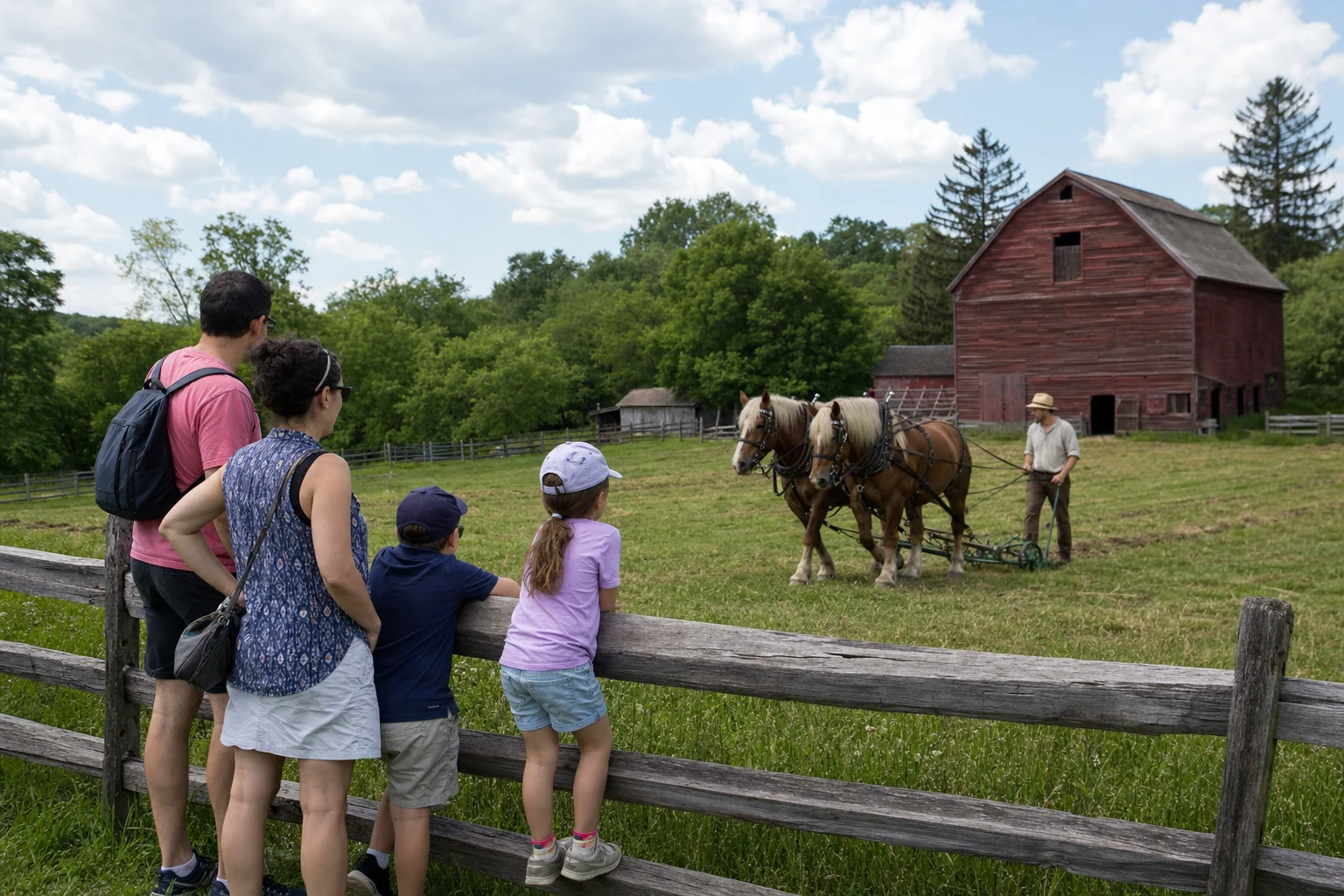 Family watching draft horses at a historic New Jersey farm
