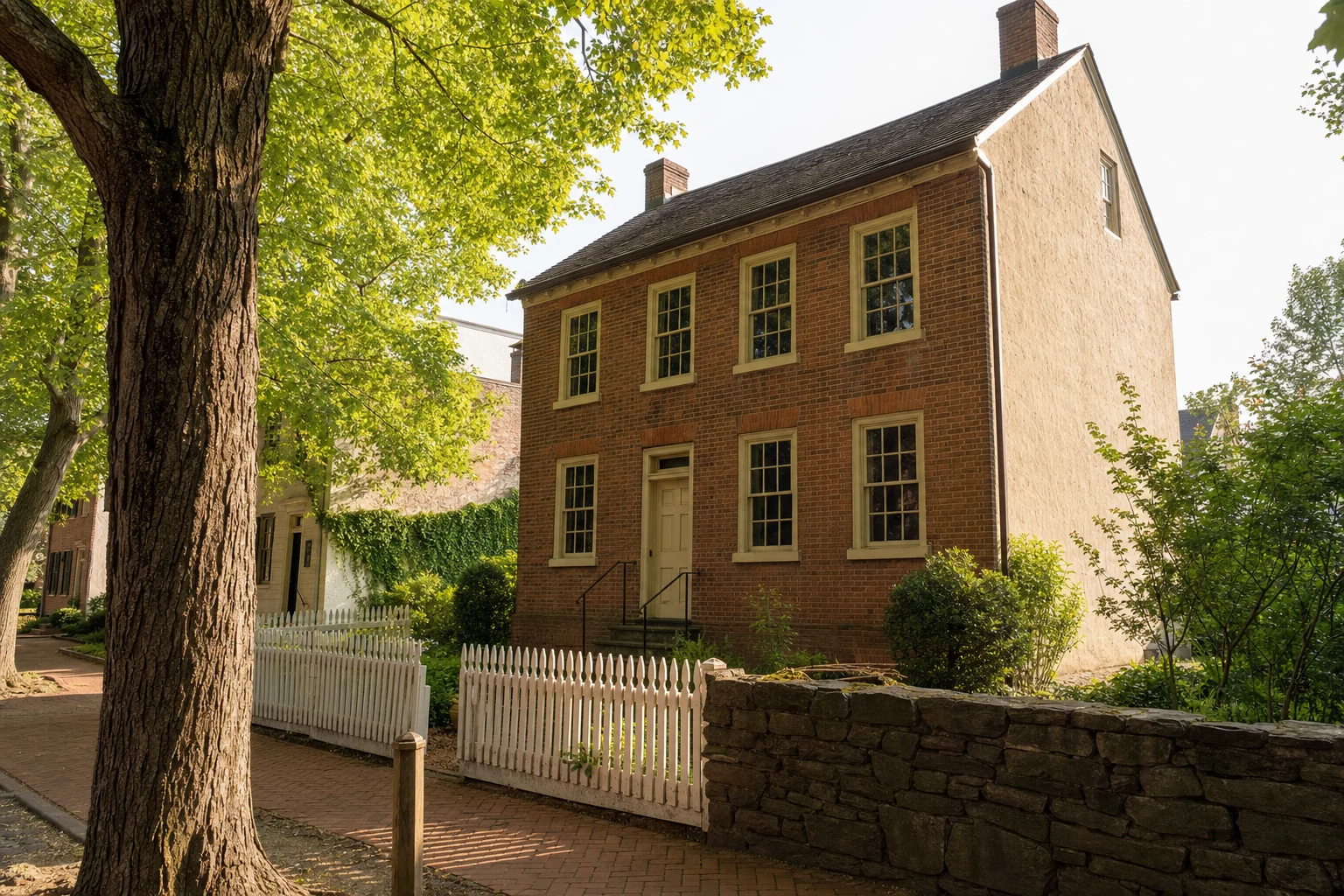 Historic brick house on a leafy Lambertville street