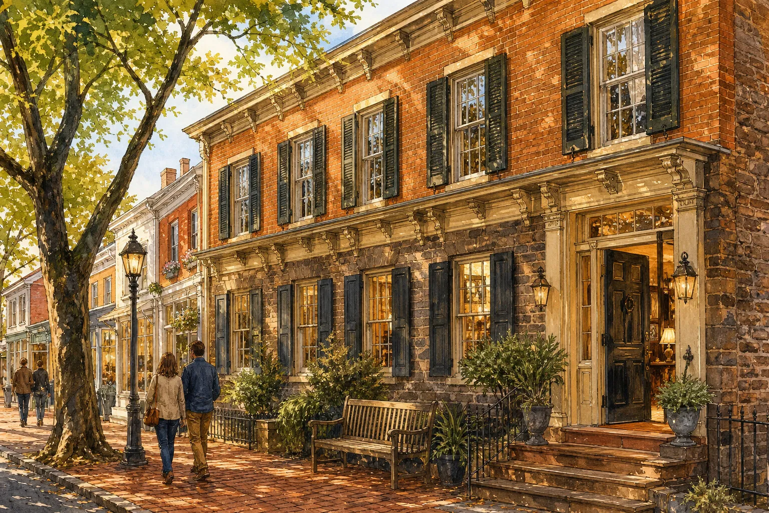 Historic brick house on a leafy Lambertville street