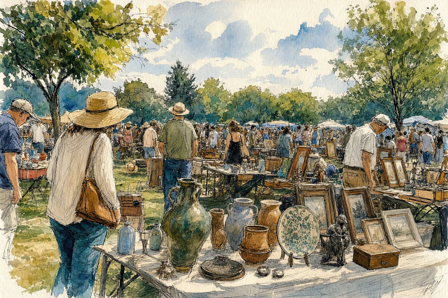 Illustration of shoppers browsing pottery and vintage objects at an outdoor flea market