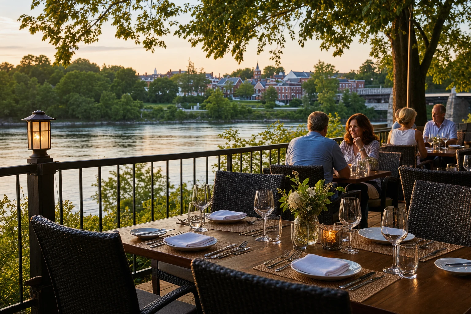 Outdoor restaurant table beside the Delaware River in Lambertville