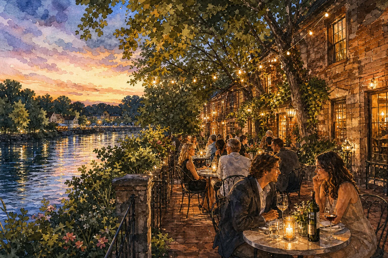 Outdoor restaurant table beside the Delaware River in Lambertville