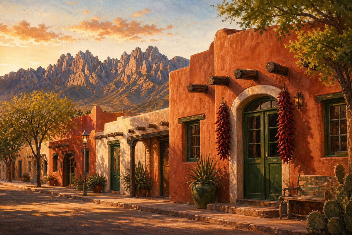 Downtown Las Cruces adobe and storefronts after sunset