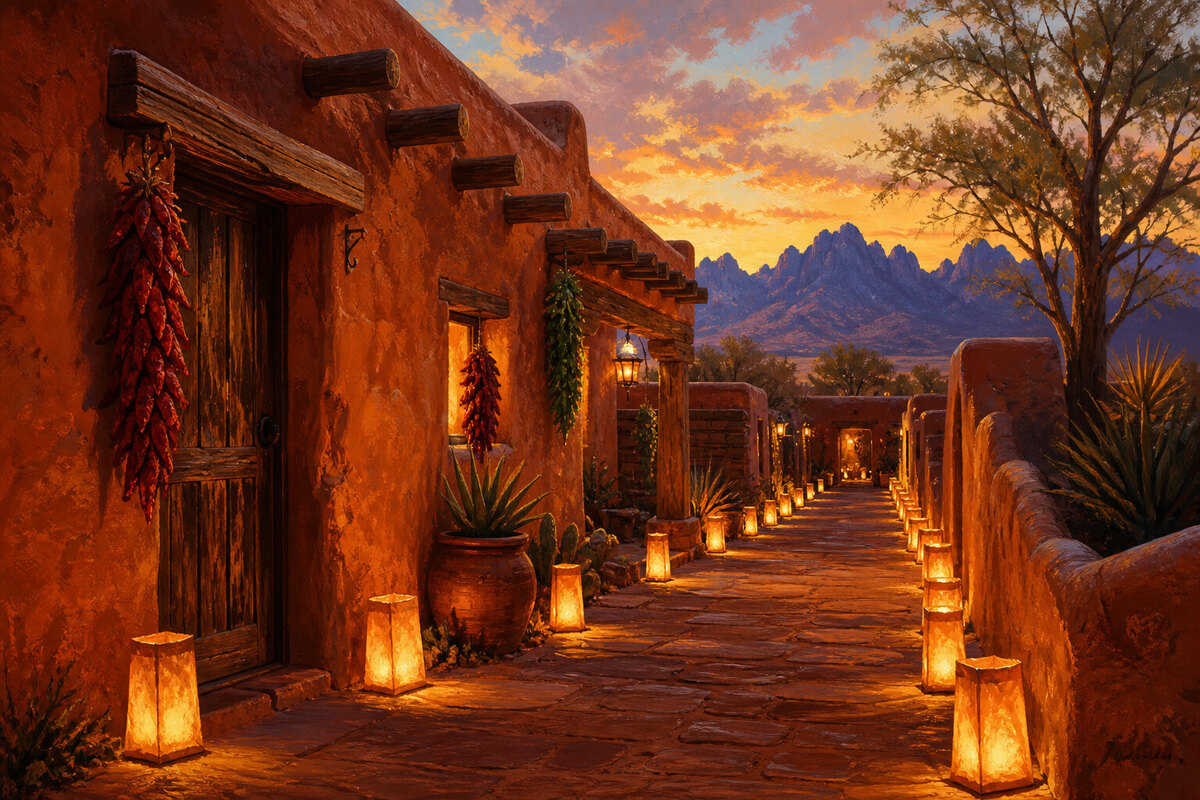 Old Mesilla adobe buildings and warm evening lights