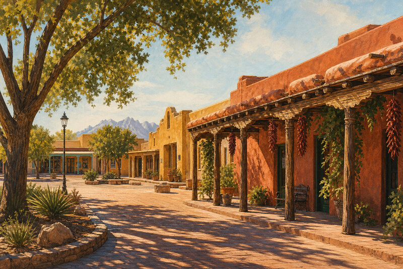 Old Mesilla Plaza and adobe storefronts in morning light
