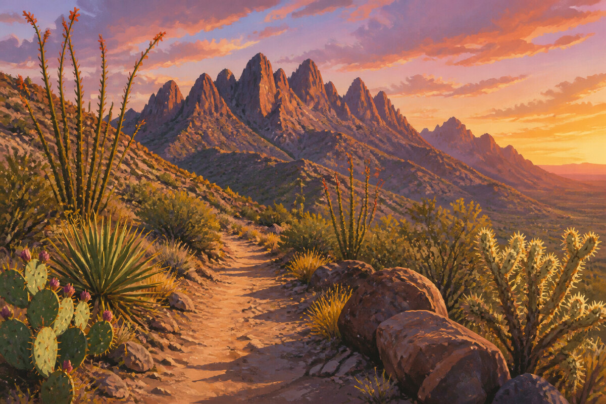 Rocky Organ Mountains trail detail with desert plants
