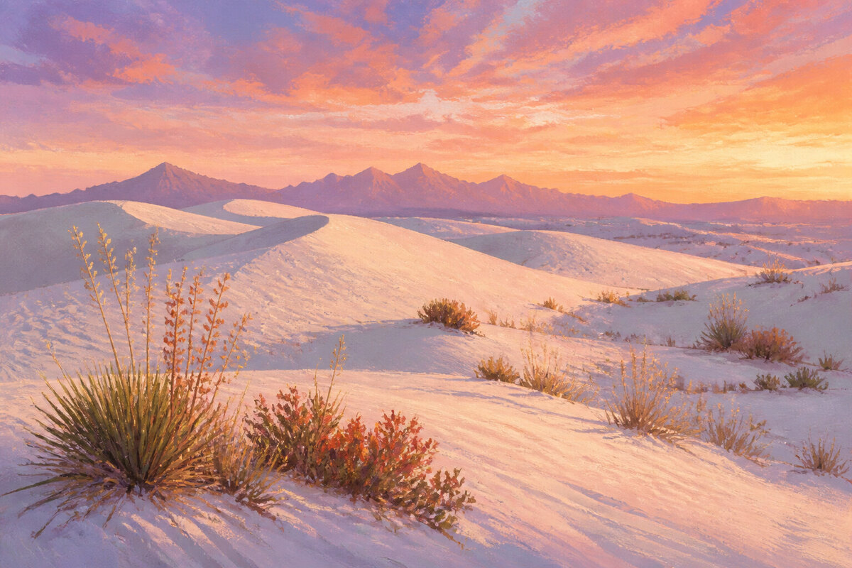 White gypsum dunes under warm late-day light