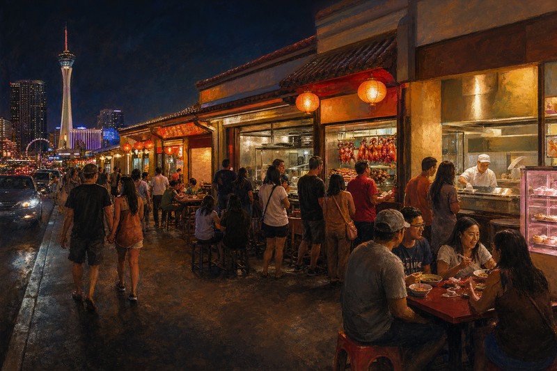 Painterly night scene along Las Vegas Chinatown without depicting a specific business