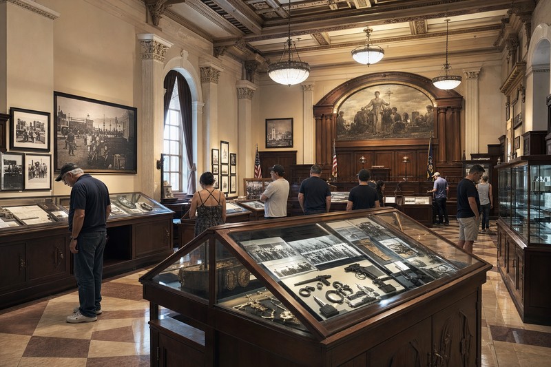 Painterly historical Las Vegas papers and civic architecture without depicting a specific exhibit