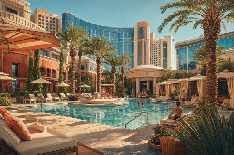 Painterly Las Vegas resort pool in morning light