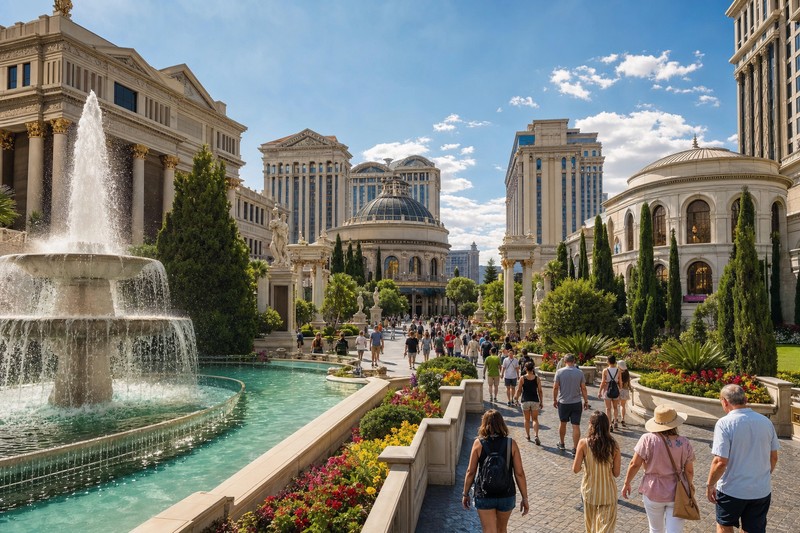 Painterly Las Vegas resort atrium without claiming a named property