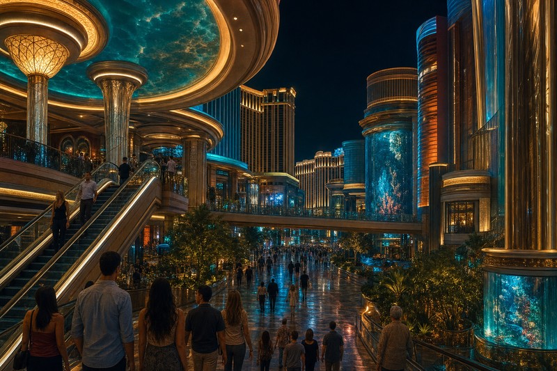 Painterly Las Vegas resort promenade after dark