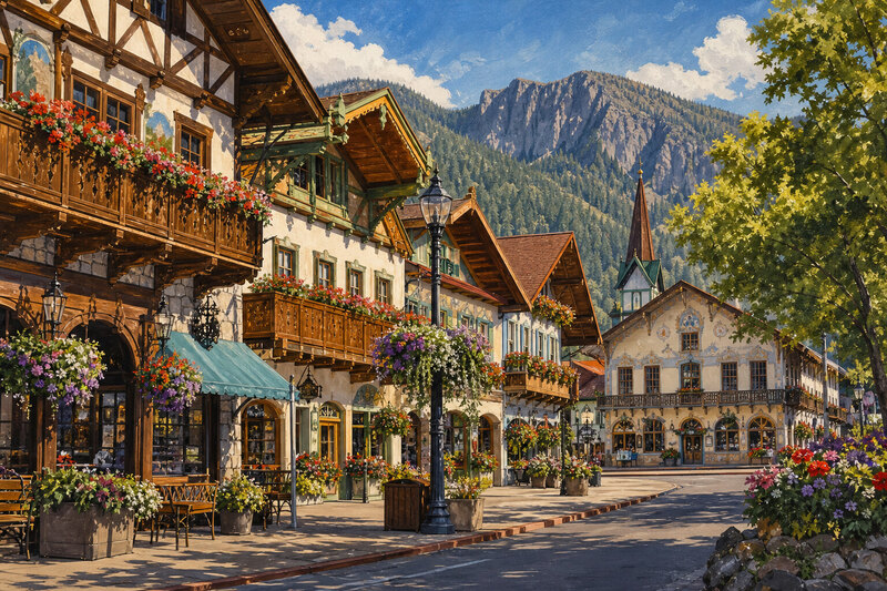 Leavenworth Bavarian village street scene with alpine storefronts