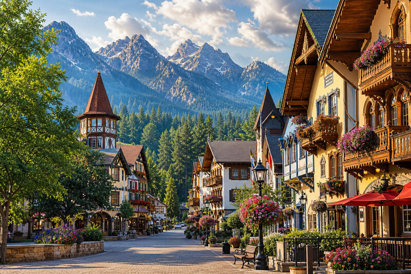 Leavenworth Bavarian village street scene with alpine storefronts