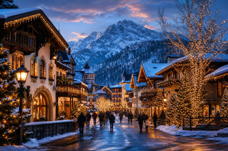 Leavenworth winter village lights at night