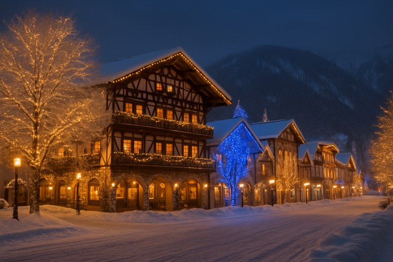 Leavenworth winter village lights at night