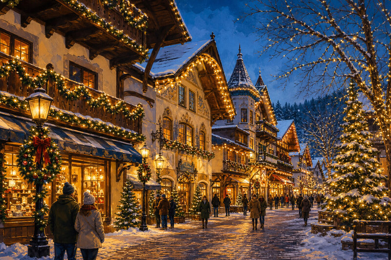 Leavenworth winter village lights at night