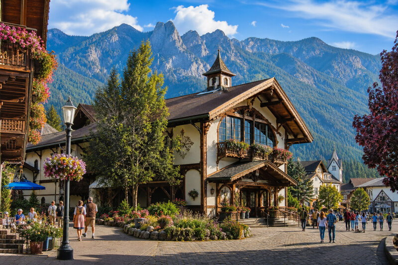 Warm alpine festival hall atmosphere in Leavenworth